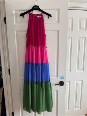 NWT CHICOS Tiered Chiffon Maxi Dress - Fuchsia, Pink, Blue & Green